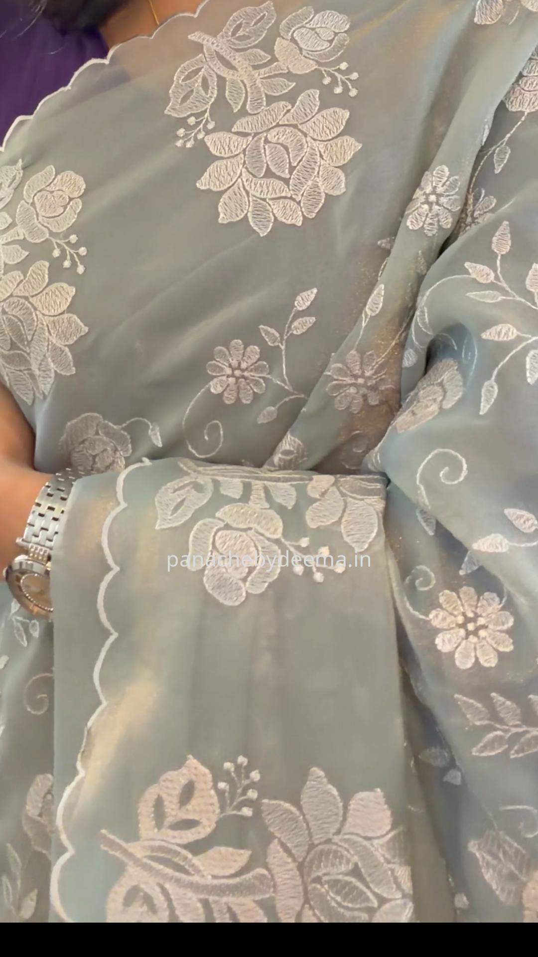 Crepe tissue saree with embroidery and scalloped borders | Slate Blue| CP1