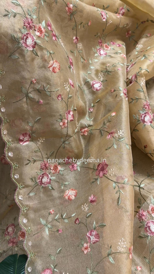 Kota tissue saree with embroidery and handworked scalloped edges |Gold|Tis9