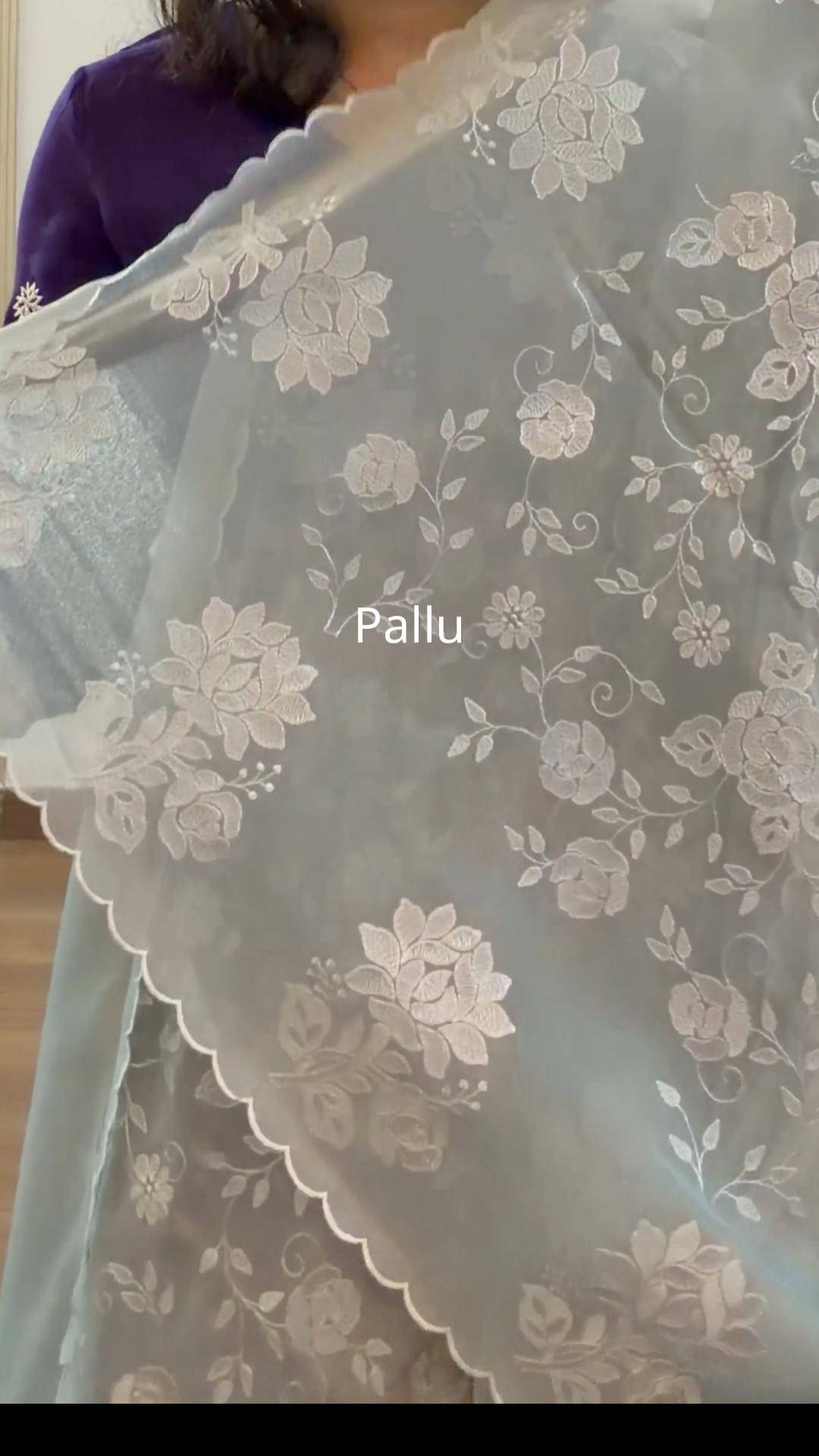 Crepe tissue saree with embroidery and scalloped borders | Slate Blue| CP1