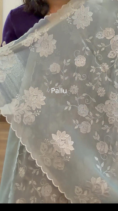 Crepe tissue saree with embroidery and scalloped borders | Slate Blue| CP1