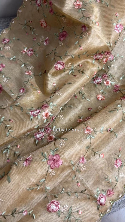 Kota tissue saree with embroidery and handworked scalloped edges |Gold|Tis9