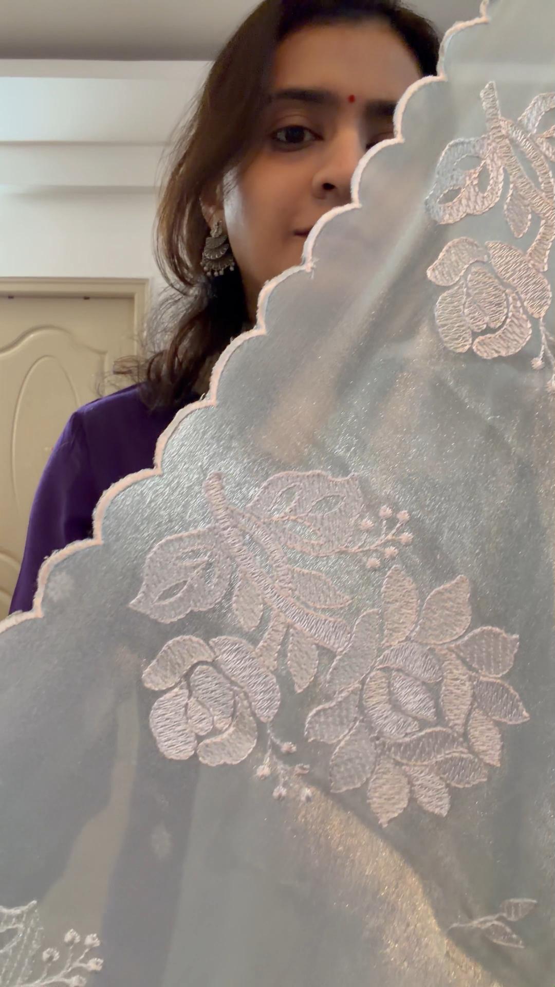 Crepe tissue saree with embroidery and scalloped borders | Slate Blue| CP1