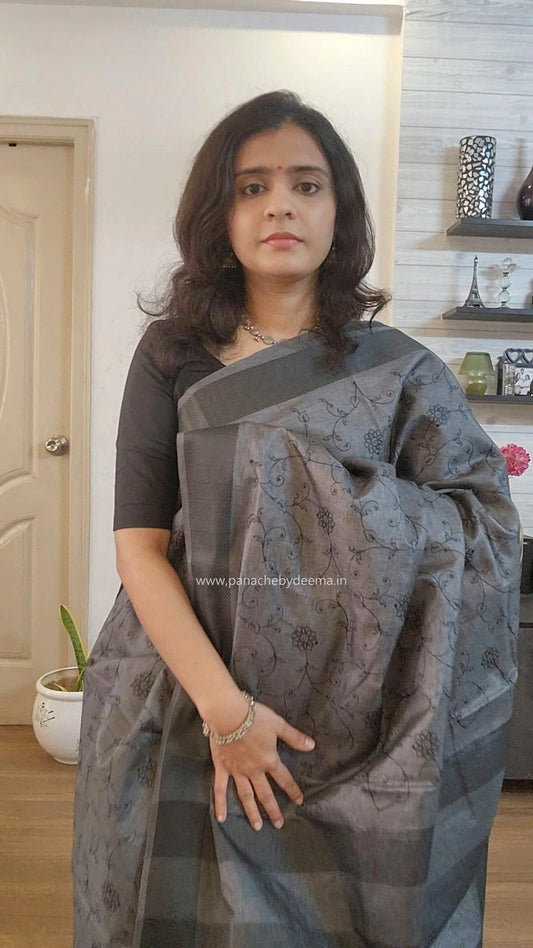 Beautiful semi tussar saree with beautiful thread embroidery | Slate Grey | RF2