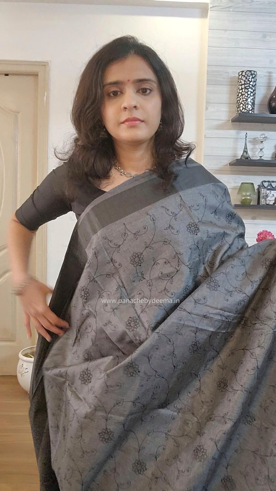 Beautiful semi tussar saree with beautiful thread embroidery | Slate Grey | RF2