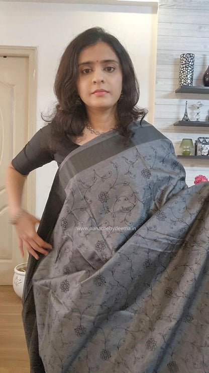 Beautiful semi tussar saree with beautiful thread embroidery | Slate Grey | RF2