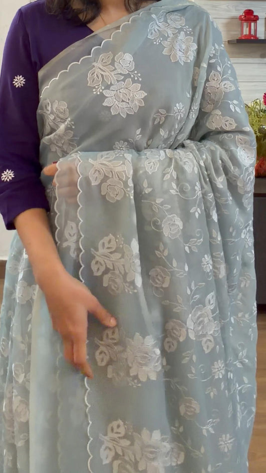 Crepe tissue saree with embroidery and scalloped borders | Slate Blue| CP1