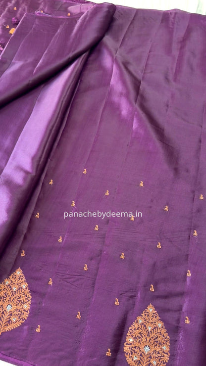 Beautiful soft semi silk saree with copper zari embroidery | Dark purple | MS108