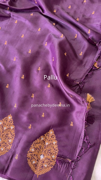 Beautiful soft semi silk saree with copper zari embroidery | Dark purple | MS108