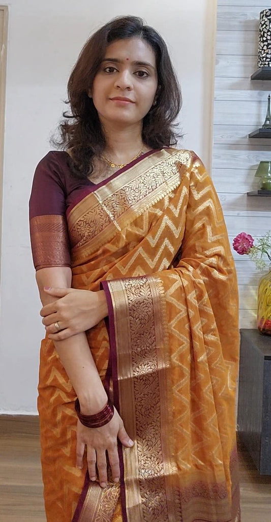 Semi-banarasi georgette saree with golden zari weaving | Mustard yellow with maroon borders |GS2