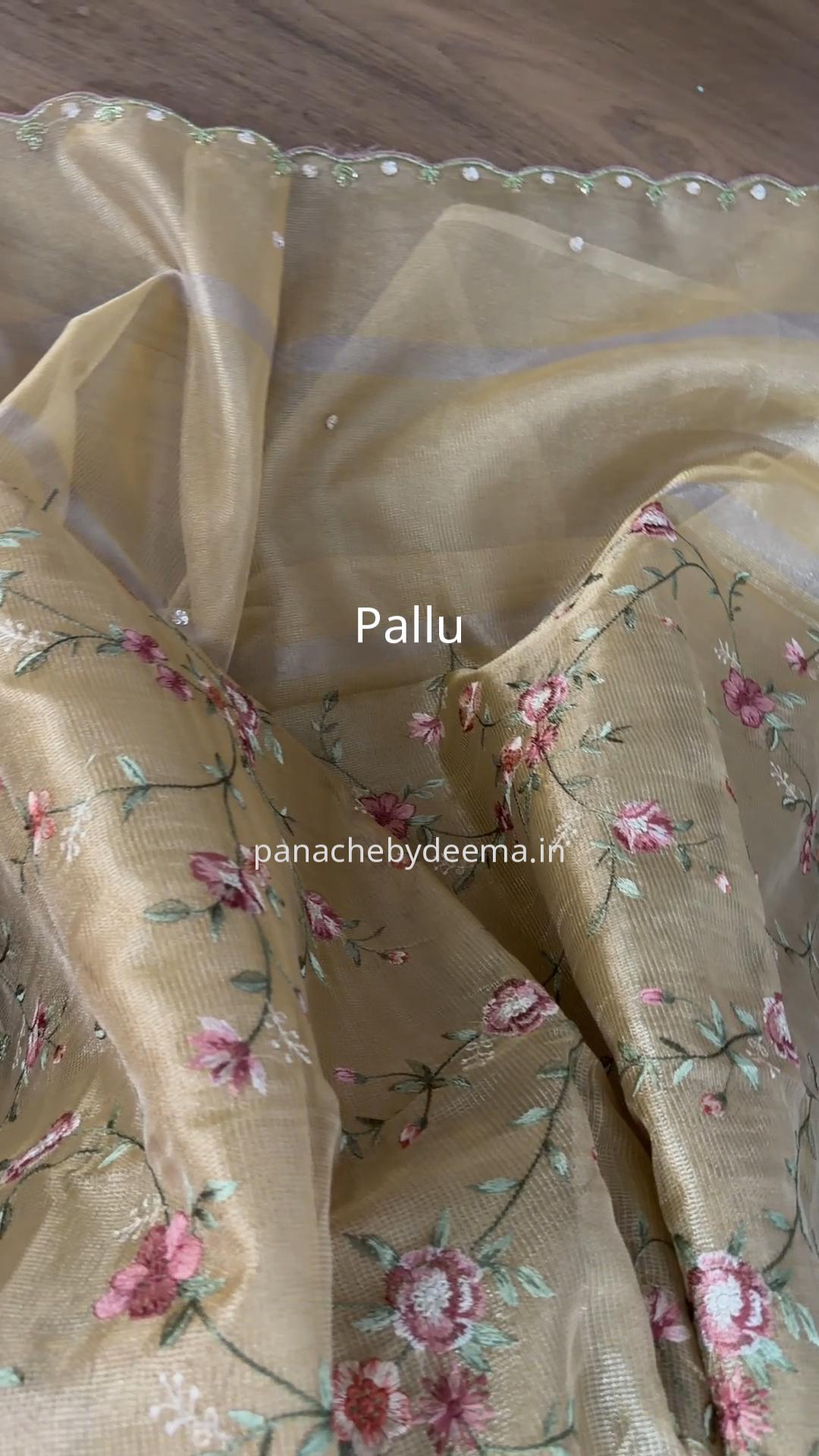 Kota tissue saree with embroidery and handworked scalloped edges |Gold|Tis9