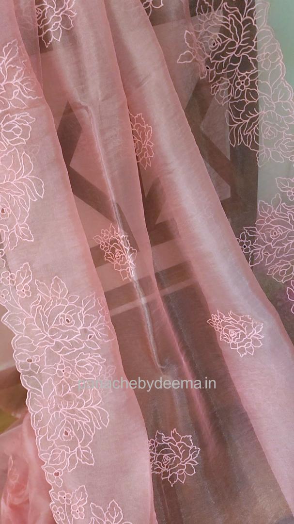 (Pre order available for restocking please whatsapp)Organza glass tissue saree with embroidery and cutwork  with scalloped borders() | Peachypink|GL4