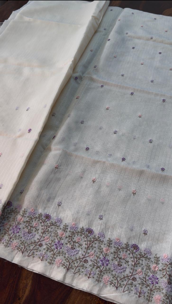 Semi chanderi tissue saree with  embroidery | Light cream with Lavender flowers | CHN4