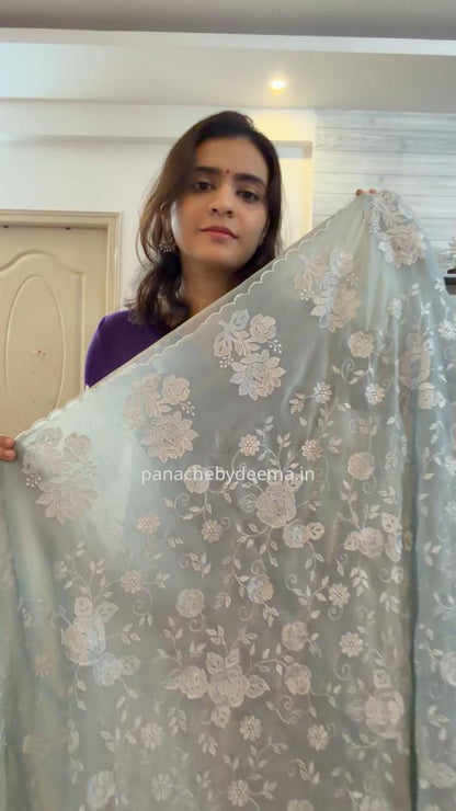 Crepe tissue saree with embroidery and scalloped borders | Slate Blue| CP1