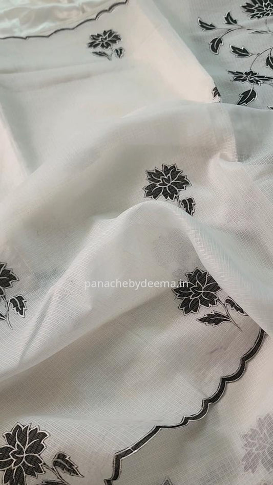 White silky Kota saree with beautiful black floral applique work |White|KB1