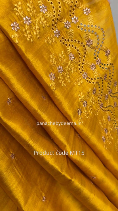 Semi Matka silk designer saree with cut work borders and embroidery | Mustard yellow | MT15