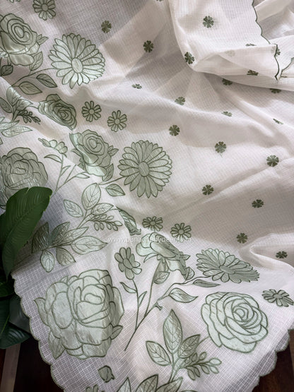 Kota applique saree with scalloped borders | white with green flowers | KAP5