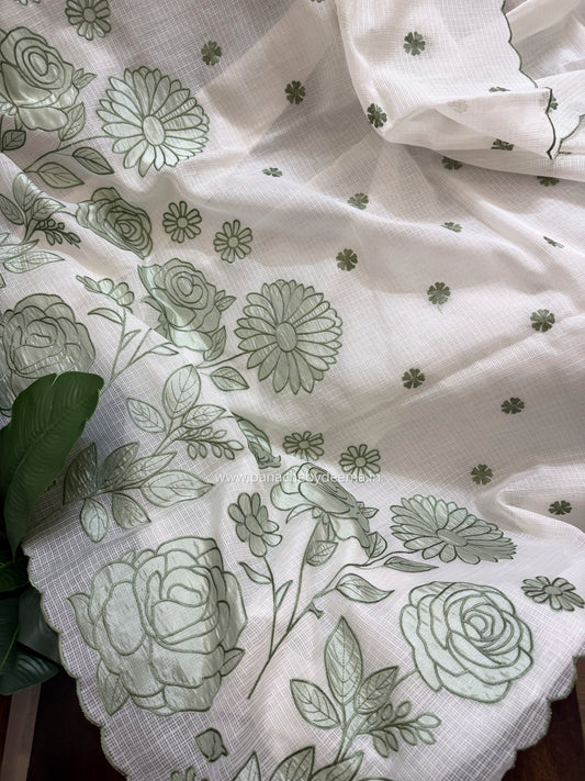 Kota applique saree with scalloped borders | white with green flowers | KAP5