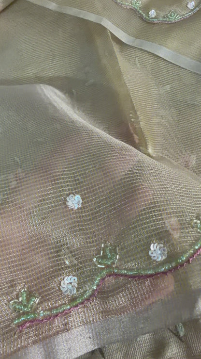 Kota tissue saree with embroidery and handworked scalloped edges |Gold|Tis9