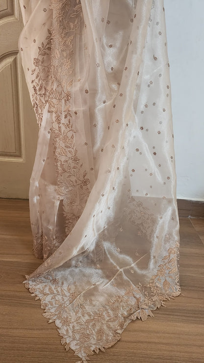 Soft organza saree with embroidery and scalloped borders| Champaigne|GL2