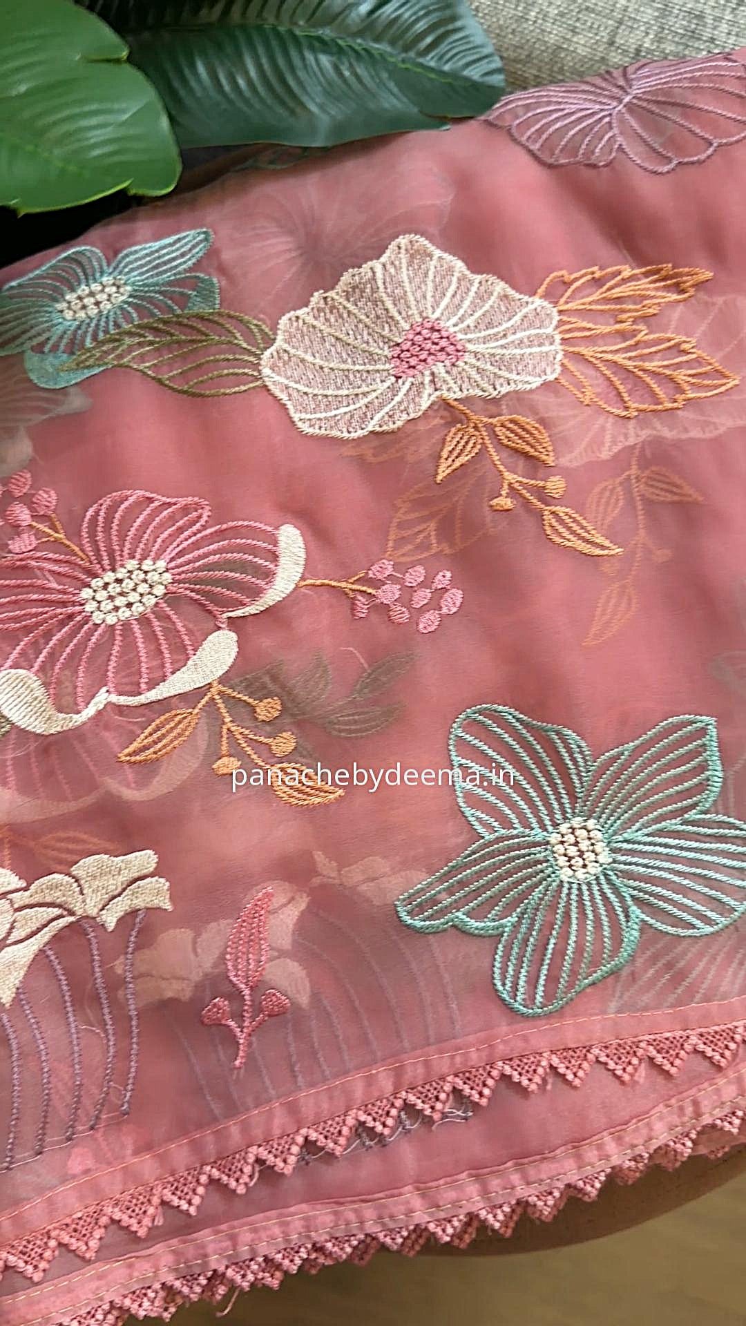 Organza saree with multi colour embroidery and lace borders | Peach | VS2