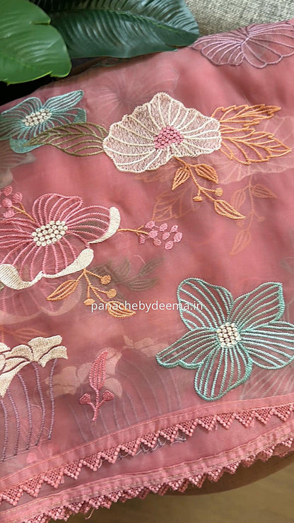 Organza saree with multi colour embroidery and lace borders | Peach | VS2