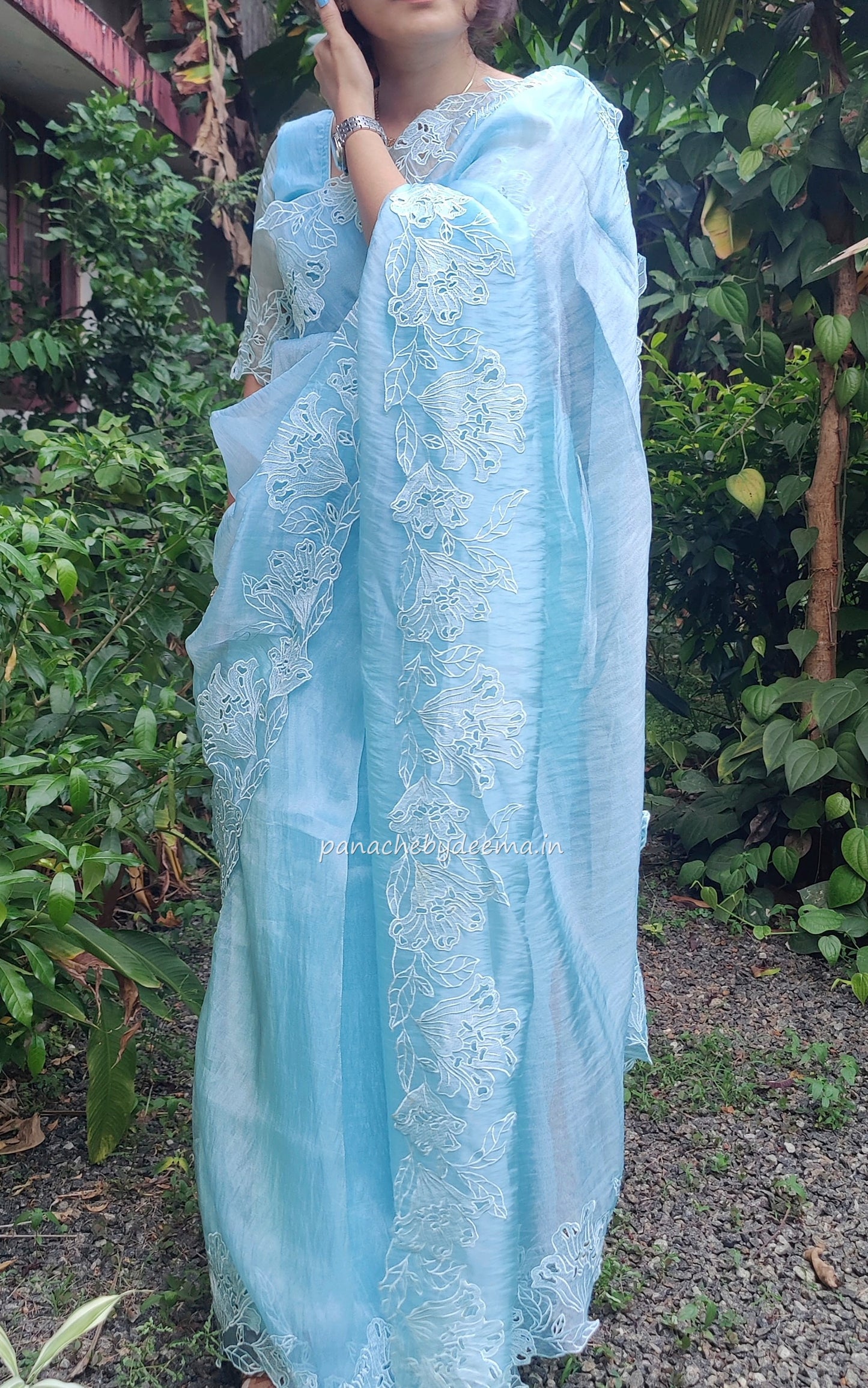 Organza glass tissue saree with embroidery and cutwork borders | Blue |GL1