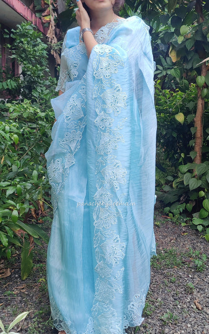 Organza glass tissue saree with embroidery and cutwork borders | Blue |GL1